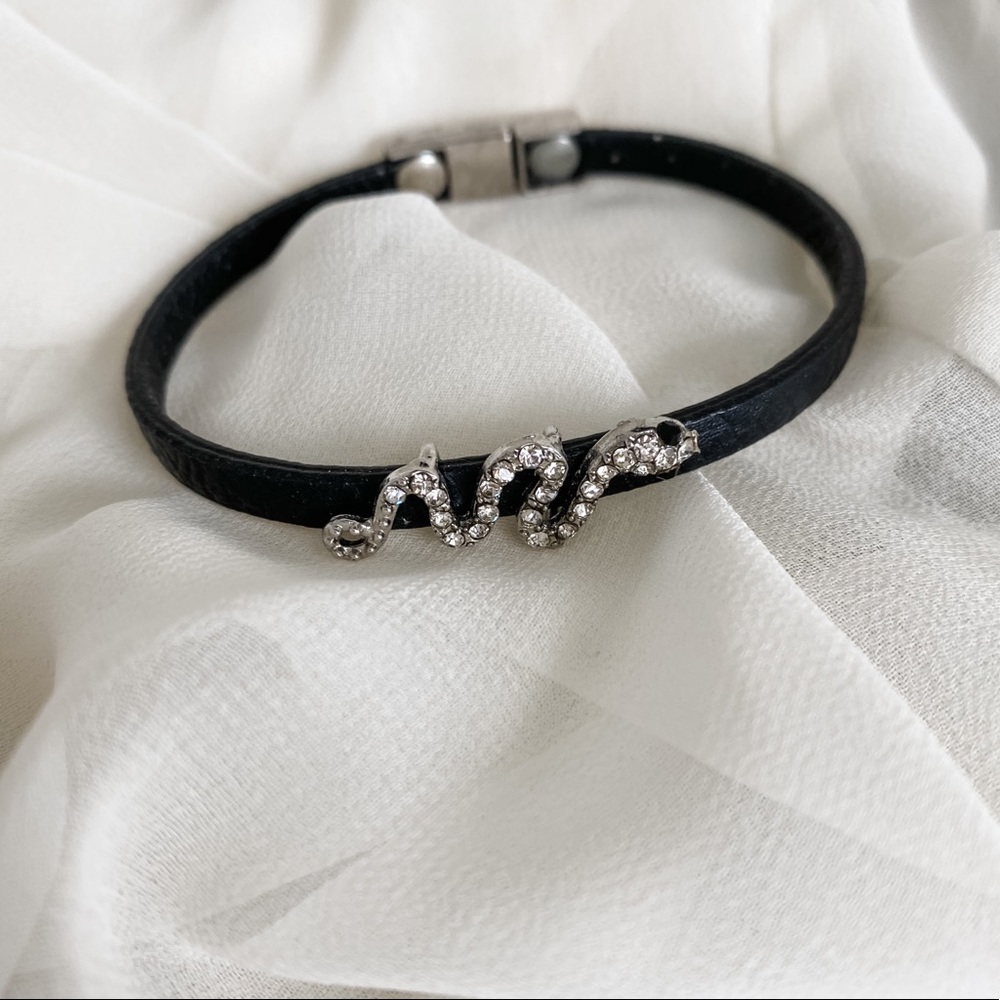 Black Leather Silver CZ Diamond Snake Bracelet